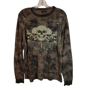 MMA Elite shirt men XL Brown longsleeve crewneck waffle thermal skull grunge Y2K